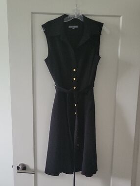 Sharagano Black Sleeveless Button-Front Midi Dress with Tie Waist